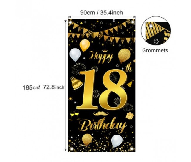 Banner Negru pentru Petrecere Majorat, Flippy, Happy Birthday 18 Ani Banner Negru pentru Petrecere Majorat, Flippy, Happy Birthday 18 Ani