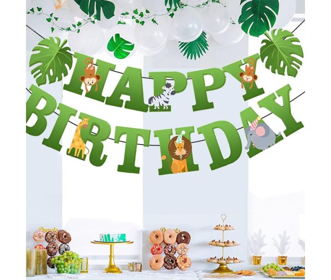 Banner Happy Birthday 100x200 cm, Flippy, Rola de Ata Inclusa, Tematica Jungle, Verde