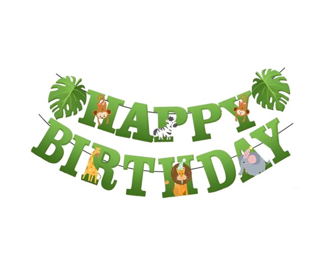 Banner Happy Birthday 100x200 cm, Flippy, Rola de Ata Inclusa, Tematica Jungle, Verde