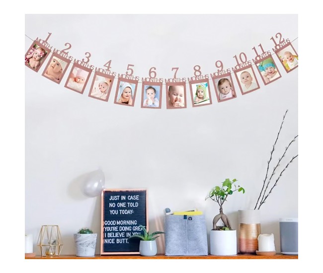 Banner pentru Poze, Flippy, 15.2x10.2 cm, Tema Prima Aniversare, Model Primele 12 Luni, Rola Ata Inclusa, Roz