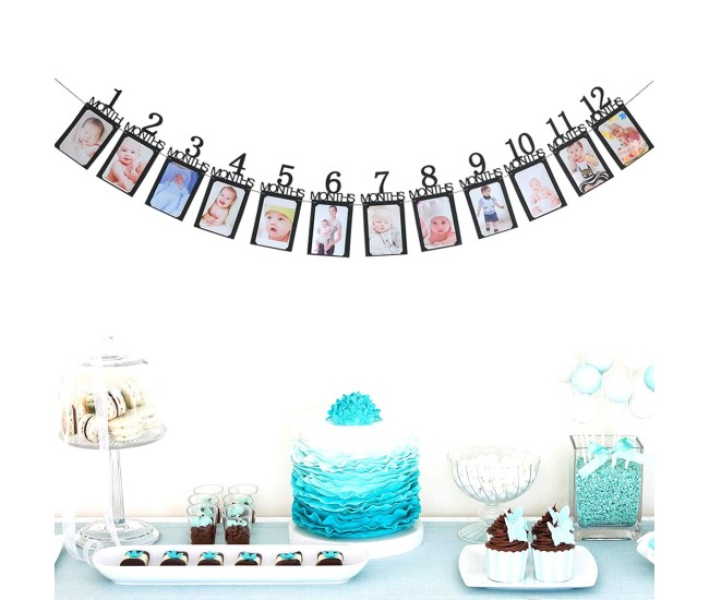 Banner pentru Poze, Flippy, 15.2x10.2 cm, Tema Prima Aniversare, Model Primele 12 Luni, Rola Ata Inclusa, Negru