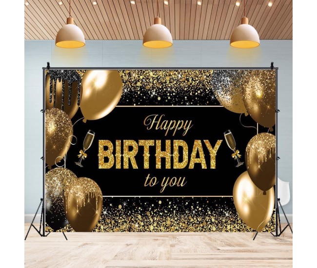 Banner Tip Fundal pentru Poze, Flippy, din Panza, 185 x 110 cm, Sfoara 6 m, Prindere in 4 Colturi, Happy Birthday to You, Negru/Auriu