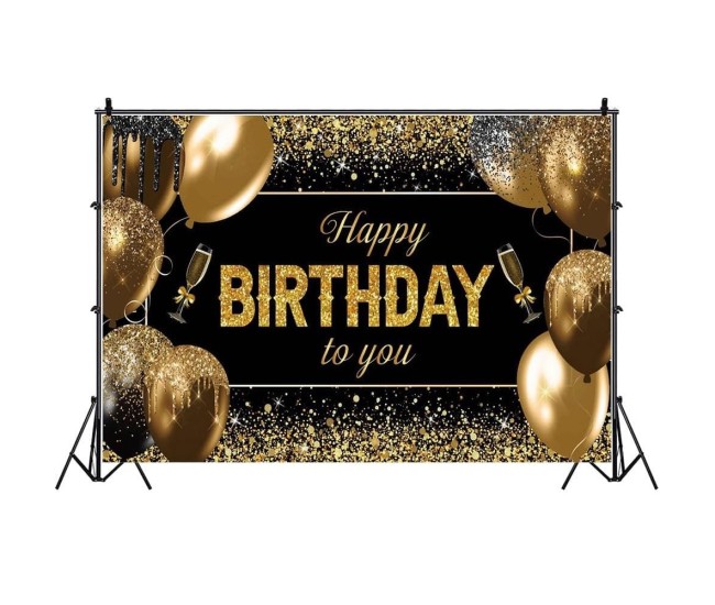 Banner Tip Fundal pentru Poze, Flippy, din Panza, 185 x 110 cm, Sfoara 6 m, Prindere in 4 Colturi, Happy Birthday to You, Negru/Auriu