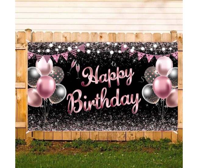 Banner Tip Fundal pentru Poze, Flippy, din Panza, 185 x 110 cm, Sfoara 6 m, Prindere in 4 Colturi, Negru/Roz