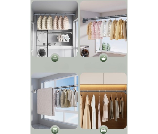 Bara Telescopica Multifunctionala, Flippy, din Otel Inoxidabil si ABS, Utilizare Universala, Extensie 185 - 205 cm, Fara Perforare Perete, Gri