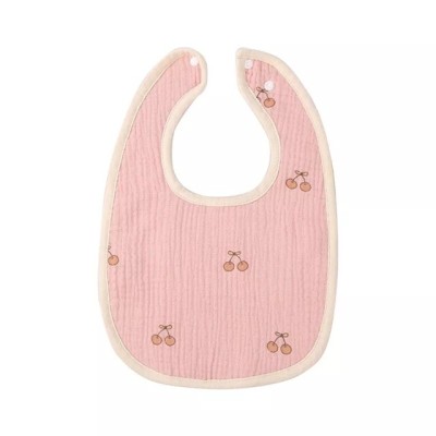 Baveta in Forma de U, Flippy, din Bumbac, pentru Copii 0-12 Luni, Rezistenta la Apa, cu Capse, Model cu Cirese,  21x30 cm, Roz