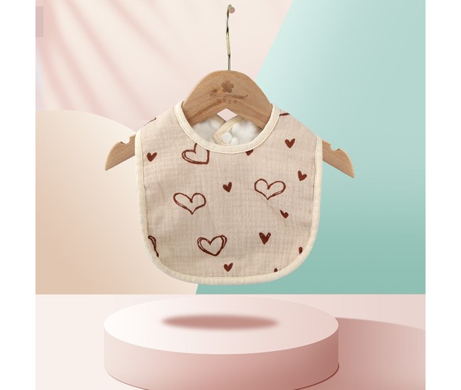 Baveta in Forma de U, Flippy, din Bumbac, pentru Copii 0-12 Luni, Rezistenta la Apa, cu Capse, Model cu Inimoare,  21x30 cm, Bej