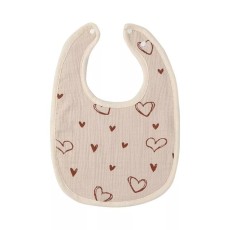 Baveta in Forma de U, Flippy, din Bumbac, pentru Copii 0-12 Luni, Rezistenta la Apa, cu Capse, Model cu Inimoare,  21x30 cm, Bej