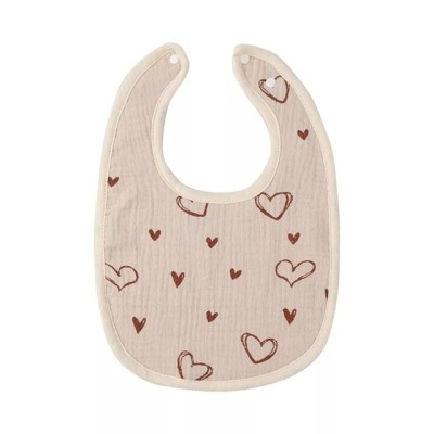 Baveta in Forma de U, Flippy, din Bumbac, pentru Copii 0-12 Luni, Rezistenta la Apa, cu Capse, Model cu Inimoare,  21x30 cm, Bej