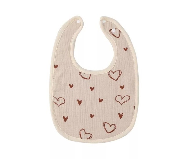 Baveta in Forma de U, Flippy, din Bumbac, pentru Copii 0-12 Luni, Rezistenta la Apa, cu Capse, Model cu Inimoare,  21x30 cm, Bej