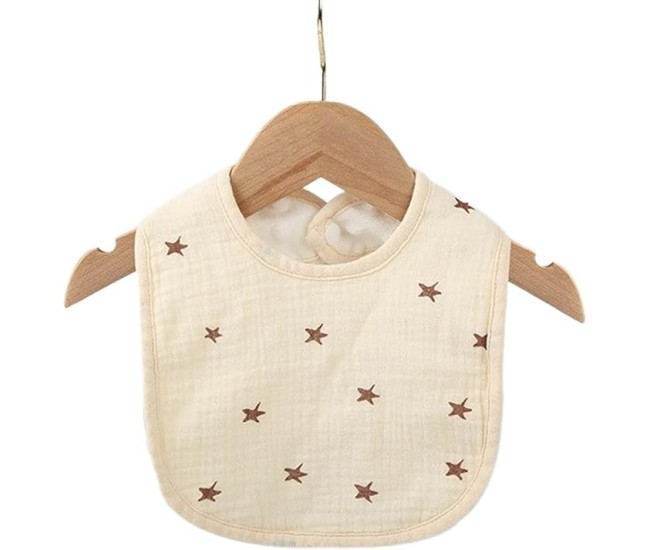 Baveta in Forma de U, Flippy, din Bumbac, pentru Copii 0-12 Luni, Rezistenta la Apa, cu Capse, Model cu Stelute,  21x30 cm, Crem