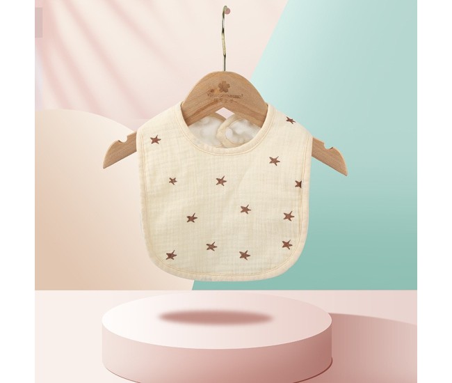 Baveta in Forma de U, Flippy, din Bumbac, pentru Copii 0-12 Luni, Rezistenta la Apa, cu Capse, Model cu Stelute,  21x30 cm, Crem