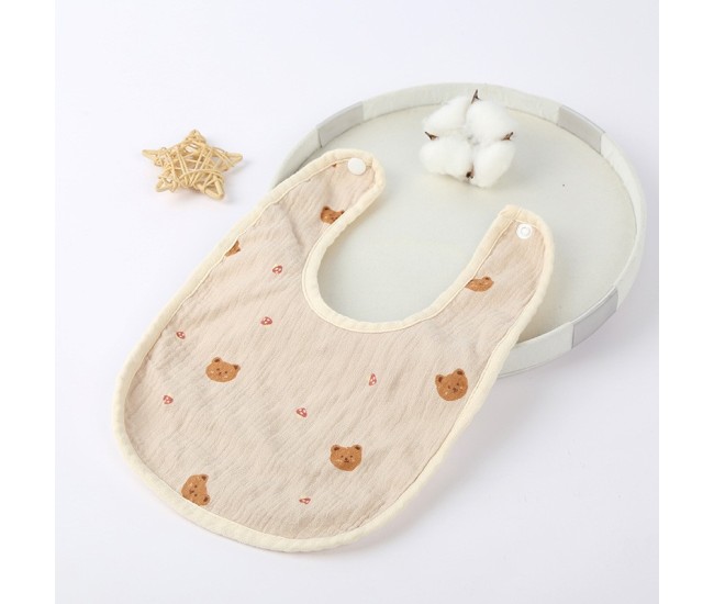 Baveta in Forma de U, Flippy, din Bumbac, pentru Copii 0-12 Luni, Rezistenta la Apa, cu Capse, Model cu Ursuleti,  21x30 cm, Bej