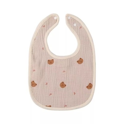 Baveta in Forma de U, Flippy, din Bumbac, pentru Copii 0-12 Luni, Rezistenta la Apa, cu Capse, Model cu Ursuleti,  21x30 cm, Bej