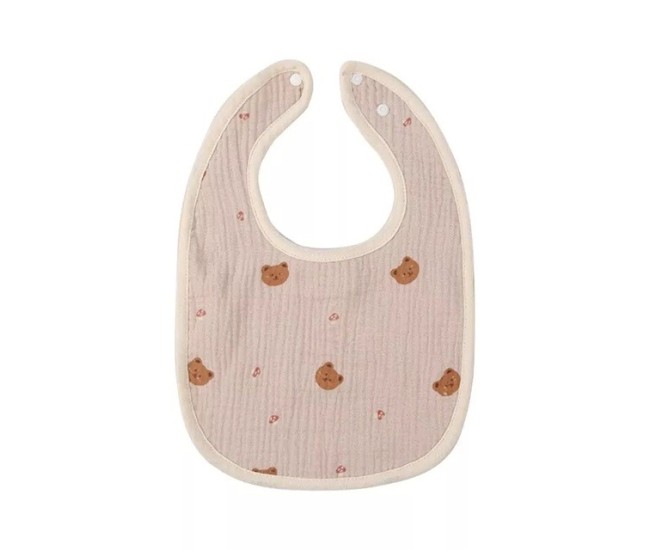 Baveta in Forma de U, Flippy, din Bumbac, pentru Copii 0-12 Luni, Rezistenta la Apa, cu Capse, Model cu Ursuleti,  21x30 cm, Bej