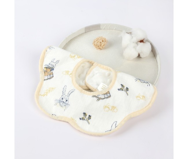 Baveta Tip Floare, Flippy, din Bumbac, pentru Copii 0-12 Luni, Rezistenta la apa, cu Capse, Model cu Iepurasi, 26 x 29 cm, Alb