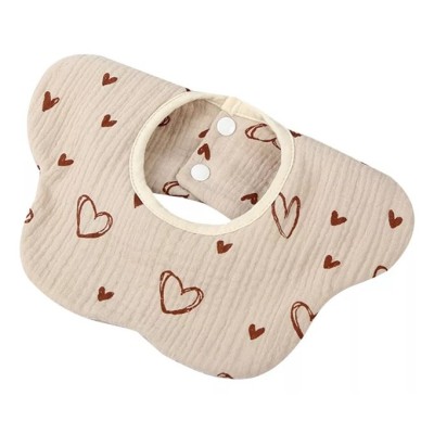 Baveta Tip Floare, Flippy, din Bumbac, pentru Copii 0-12 Luni, Rezistenta la apa, cu Capse, Model cu Inimioare, 26 x 29 cm, Crem