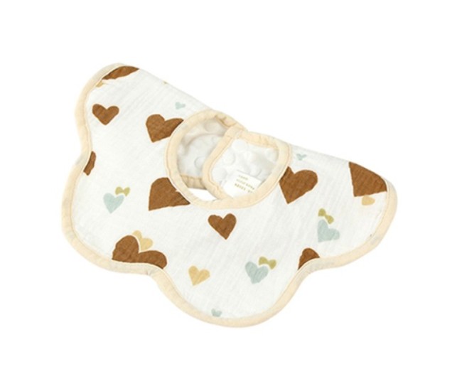 Baveta Tip Floare, Flippy, din Bumbac, pentru Copii 0-12 Luni, Rezistenta la apa, cu Capse, Model cu Inimioare, 26 x 29 cm, Maro