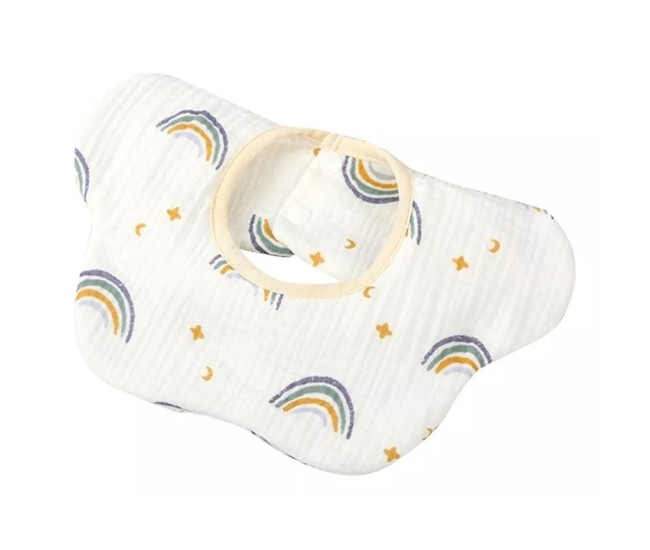 Baveta Tip Floare, Flippy, din Bumbac, pentru Copii 0-12 Luni, Rezistenta la apa, cu Capse, Model Curcubeu, 26 x 29 cm, Alb