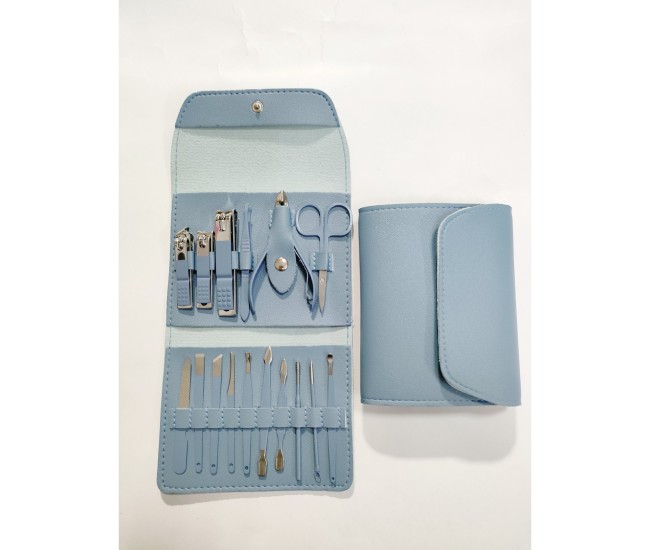 Set 16 Piese de Ingrijire Cosmetica, Flippy, pentru Manichiura, Pedichiura, Fata, Geanta Organizatoare din Piele Ecologica Inclusa, Albastru