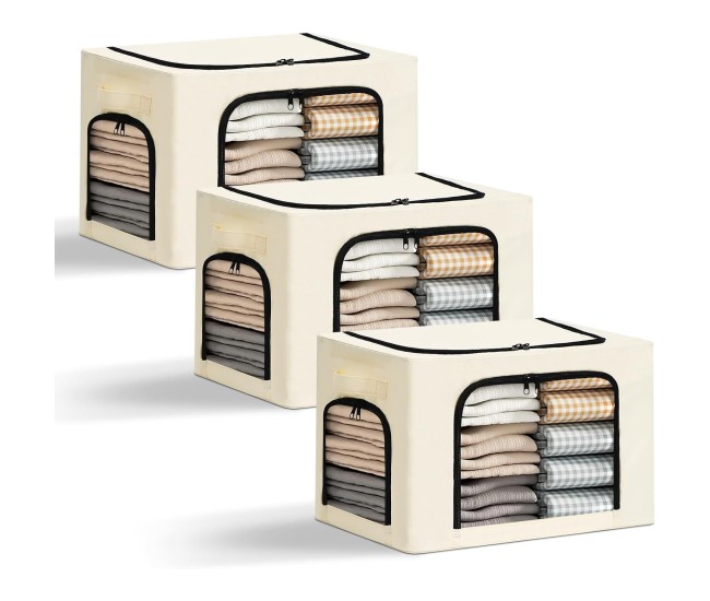 Cutie de Depozitare, Flippy, cu 3 Ferestre cu Fermoar Bidirectional, Cadru din Otel, Impermeabil, 38L, 42 x 30 x 30 cm, Bej Cutie de Depozitare, Flippy, cu 3 Ferestre cu Fermoar Bidirectional, Cadru din Otel, Impermeabil, 38L, 42 x 30 x 30 cm, Bej