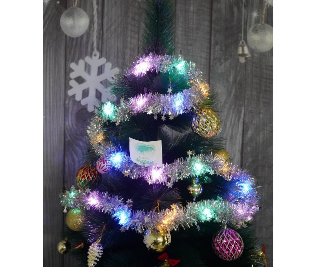 Beteala Craciun cu LED, Argintie, model cu stelute, 2 m x 5 cm, PVC, Sir, Artificiala, Flippy Beteala Craciun cu LED, Argintie, model cu stelute, 2 m x 5 cm, PVC, Sir, Artificiala, Flippy