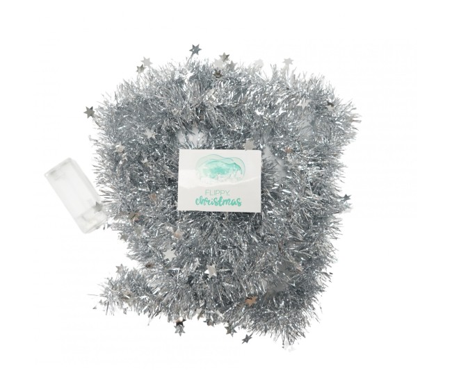 Beteala Craciun cu LED, Argintie, model cu stelute, 2 m x 5 cm, PVC, Sir, Artificiala, Flippy Beteala Craciun cu LED, Argintie, model cu stelute, 2 m x 5 cm, PVC, Sir, Artificiala, Flippy