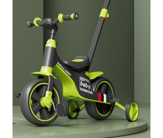 Bicicleta Multifunctionala pentru Copii, Flippy, 3 in 1 Bicicleta Troller Tricicleta, 2-6 ani, cu Roti Auxiliare, Ghidon si Scaun Reglabil, 102 x 90 x 43 cm, Negru Verde