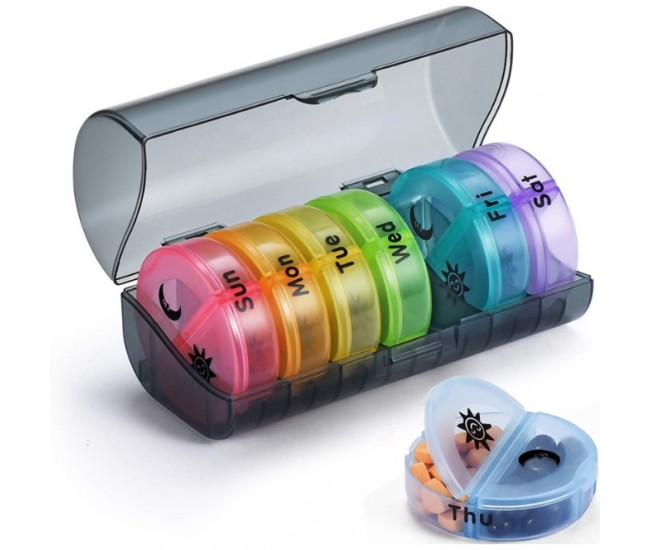Cutie Depozitare Medicamente, Flippy, 7 Zile, 14 Compartimente, Cutie Suport, Recipiente Detasabile, Portabila, Recipiente Colorate, Suport Negru, 17.5x11x9.5 cm Cutie Depozitare Medicamente, Flippy, 7 Zile, 14 Compartimente, Cutie Suport, Recipiente Detasabile, Portabila, Recipiente Colorate, Suport Negru, 17.5x11x9.5 cm