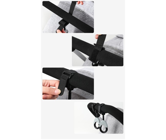 Set 2 Carlige pentru Carucior, Flippy, din Plastic si Velcro, Sarcina Maxima 2 kg, Negru