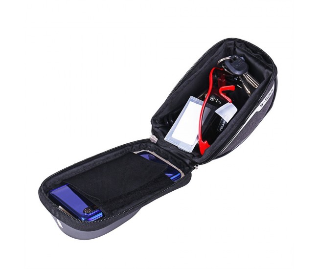 Borseta bicicleta impermeabila cu husa pentru telefon Flippy, montare pe ghidon, compatibila cu telefoane de pana la 16 cm, spatiu depozitare, 18.5x9.5 cm, negru Borseta bicicleta impermeabila cu husa pentru telefon Flippy, montare pe ghidon, compatibila cu telefoane de pana la 16 cm, spatiu depozitare, 18.5x9.5 cm, negru