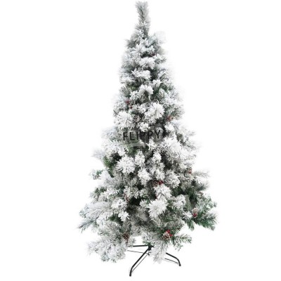 Brad artificial de Craciun nins, decorat cu conuri pin, pentru interior/exterior, inaltime 210 cm, diametru 131 cm, 630 ramuri, Flippy, alb/verde, suport metalic inclus