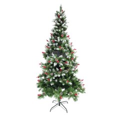 Brad artificial de Craciun nins, decorat cu conuri pin rosii, inaltime 180 cm, diametru 95 cm, 319 ramuri, Flippy, verde, suport metalic inclus Brad artificial de Craciun nins, decorat cu conuri pin rosii, inaltime 180 cm, diametru 95 cm, 319 ramuri, Flippy, verde, suport metalic inclus