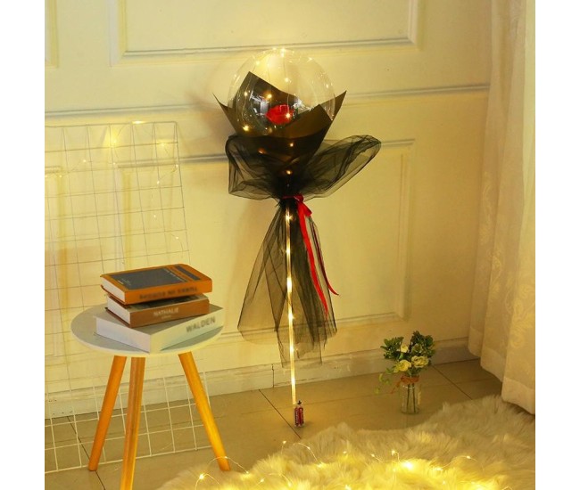Buchet Decorativ, Flippy, Trandafir in Balon cu Lumini Led, Diametru 35 cm, 2 x Baterii AA (neincluse), Rosu/Negru
