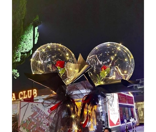 Buchet Decorativ, Flippy, Trandafir in Balon cu Lumini Led, Diametru 35 cm, 2 x Baterii AA (neincluse), Rosu/Negru