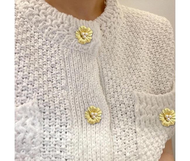 Accesoriu pentru Nasturi, Flippy, Model Floare cu Perle, din Metal, 2.5 x 1.7 cm, Auriu