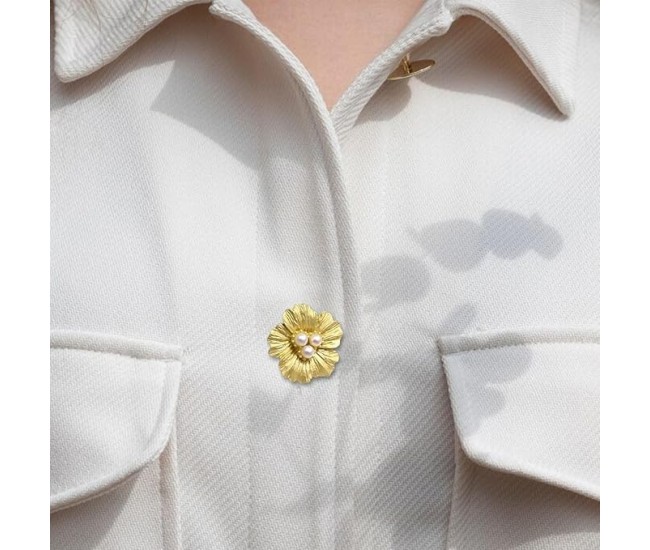 Accesoriu pentru Nasturi, Flippy, Model Floare cu Perle, din Metal, 2.5 x 1.7 cm, Auriu