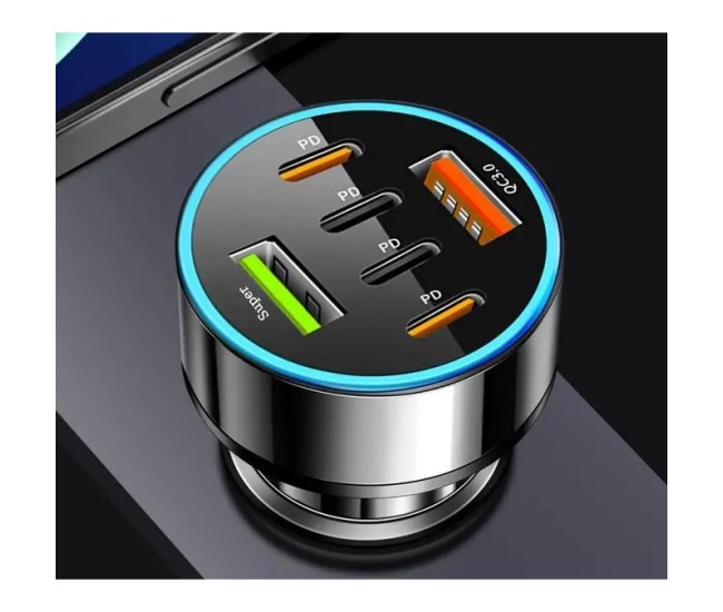 Incarcator Auto 6 in 1, Flippy, 2 x Port USB Fast Charge QC3.0 si 4 x Type C, PD 65W, Negru Incarcator Auto 6 in 1, Flippy, 2 x Port USB Fast Charge QC3.0 si 4 x Type C, PD 65W, Negru