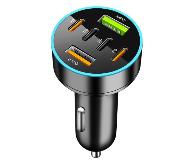Incarcator Auto 6 in 1, Flippy, 2 x Port USB Fast Charge QC3.0 si 4 x Type C, PD 65W, Negru Incarcator Auto 6 in 1, Flippy, 2 x Port USB Fast Charge QC3.0 si 4 x Type C, PD 65W, Negru