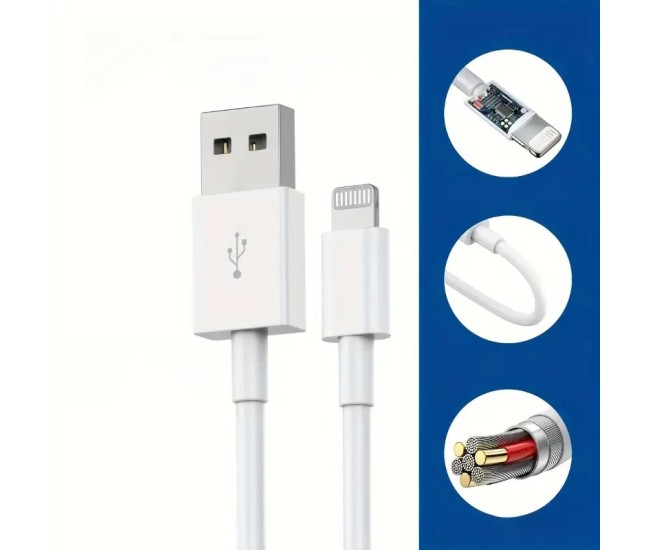 Cablu de Date Fast Charging, Flippy, port USB-B Compatibil cu iPhone cu porturi de tip Lightning, pentru Incarcare rapida 2A, Lungime 1.5M, Alb