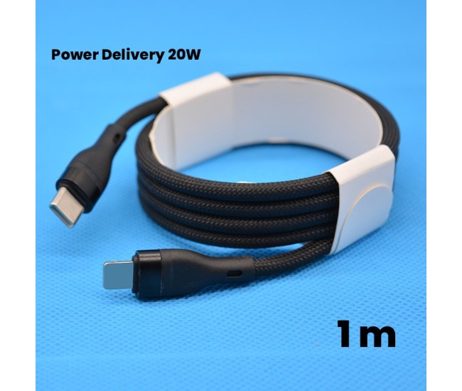 Cablu de Date impletit din Nailon, Flippy, Incarcare Rapida, Potrivit Compatibil cu iPhone, Cablu de Incarcare cu Power Delivery 20W, 1 m, Negru