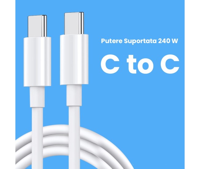 Cablu de Date pentru Telefon, Flippy, Cablu TYPE-C to TYPE-C Universal, Compatibil cu iOS si Android, Putere Suportata 240W, Fire 160 cupru, 2M, Simplu, Alb
