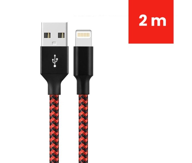Cablu de Date pentru Telefon, Flippy, Cablu USB spre Lightning Compatibil cu iPhone, Lungime 2 M, Impletit Triunghiular in 2 culori, Rosu Negru