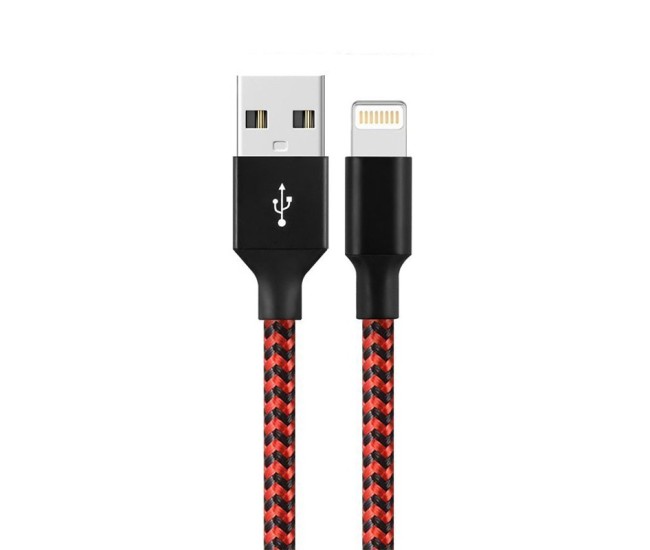 Cablu de Date pentru Telefon, Flippy, Cablu USB spre Lightning Compatibil cu iPhone, Lungime 2 M, Impletit Triunghiular in 2 culori, Rosu Negru