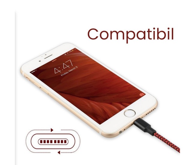 Cablu de Date pentru Telefon, Flippy, Cablu USB spre Lightning Compatibil cu iPhone, Lungime 3 M, Impletit Triunghiular in 2 culori, Rosu Negru
