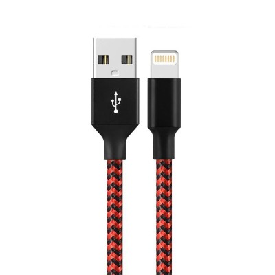 Cablu de Date pentru Telefon, Flippy, Cablu USB spre Lightning Compatibil cu iPhone, Lungime 3 M, Impletit Triunghiular in 2 culori, Rosu Negru