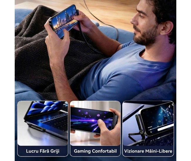 Cablu Incarcare, Flippy, USB Type C, Gaming, Conector, Unghi 90 Grade, Suport Telefon, 240W, 1.5 m, Negru