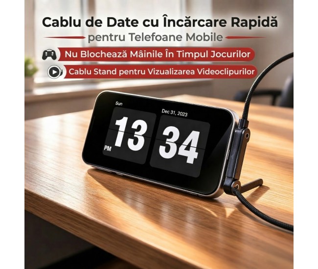 Cablu Incarcare, Flippy, USB Type C, Gaming, Conector, Unghi 90 Grade, Suport Telefon, 240W, 1.5 m, Negru