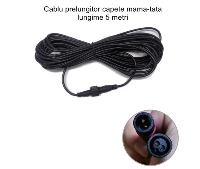 Cablu prelungitor IP65 Flippy, pentru lampi solare, material cauciuc si cupru, 2 Pini mama- tata, waterproof, 5 metri, negru Cablu prelungitor IP65 Flippy, pentru lampi solare, material cauciuc si cupru, 2 Pini mama- tata, waterproof, 5 metri, negru