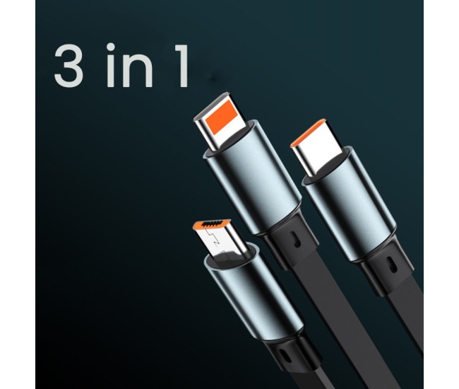 Cablu Retractabil 3in 1 pentru Telefon, Flippy, Cablu de incarcare rapida 100W, stil Mecha, potrivit pentru Auto, Universal 1.2M, Negru Cablu Retractabil 3in 1 pentru Telefon, Flippy, Cablu de incarcare rapida 100W, stil Mecha, potrivit pentru Auto, Universal 1.2M, Negru